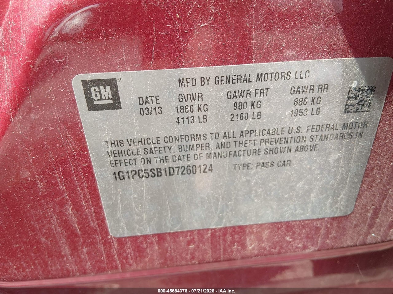 1G1PC5SB1D7****** · 2013 CHEVROLET CRUZE 1LT AUTO · 9/11