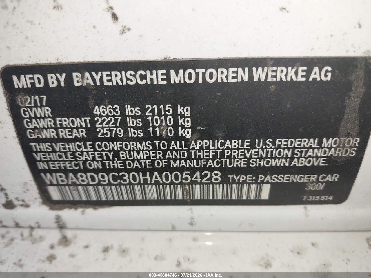 WBA8D9C30HA****** · 2017 BMW 330I XDRIVE · 9/11
