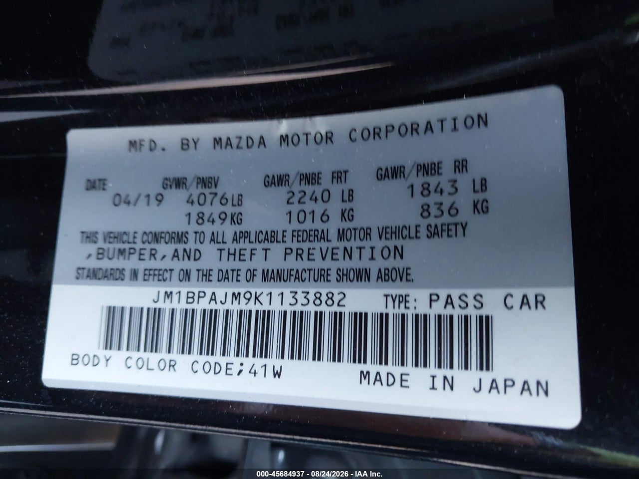 JM1BPAJM9K1****** · 2019 MAZDA MAZDA3   · 9/11