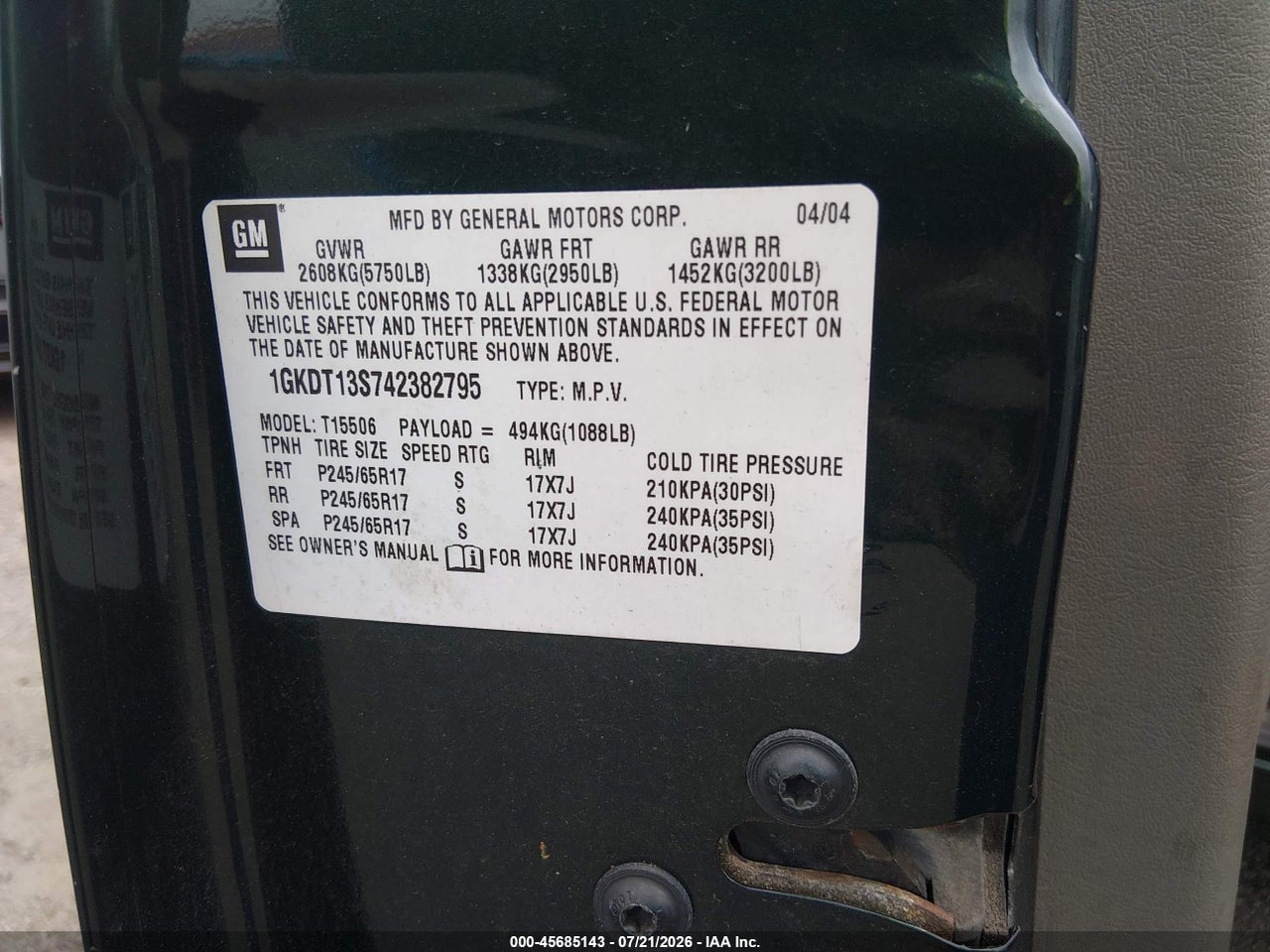 1GKDT13S742****** · 2004 GMC ENVOY SLE · 9/11
