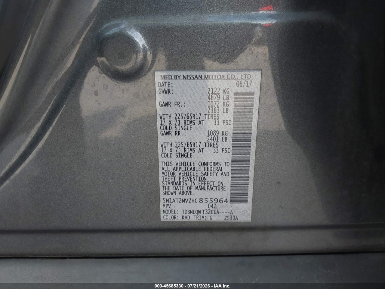 5N1AT2MV2HC****** · 2017 NISSAN ROGUE SV · 9/11