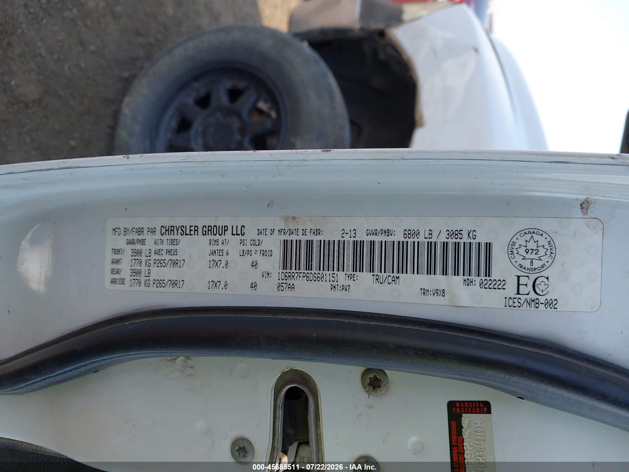 1C6RR7FP6DS****** · 2013 RAM 1500 ST · 9/11