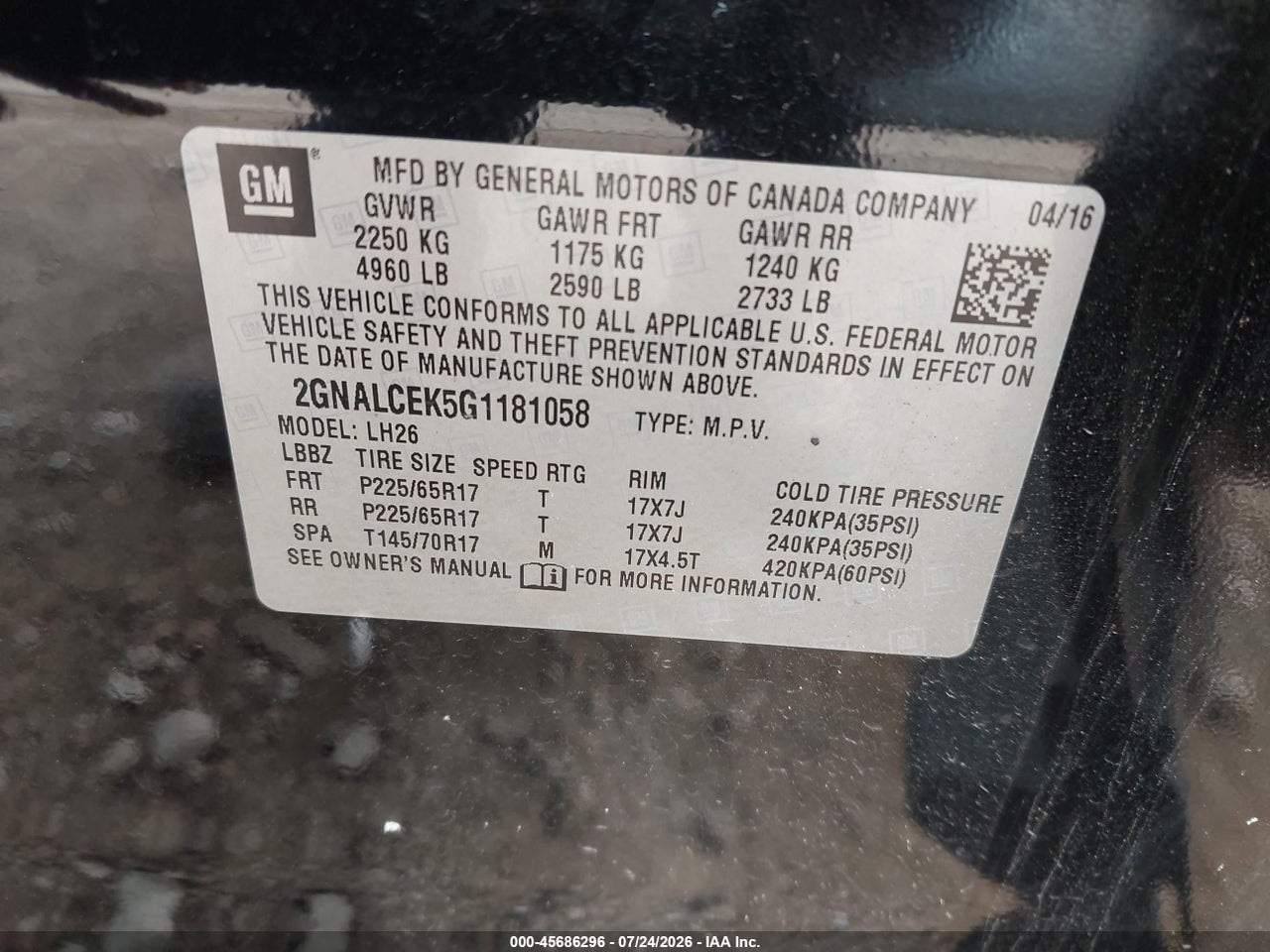2GNALCEK5G1****** · 2016 CHEVROLET EQUINOX LT · 9/11