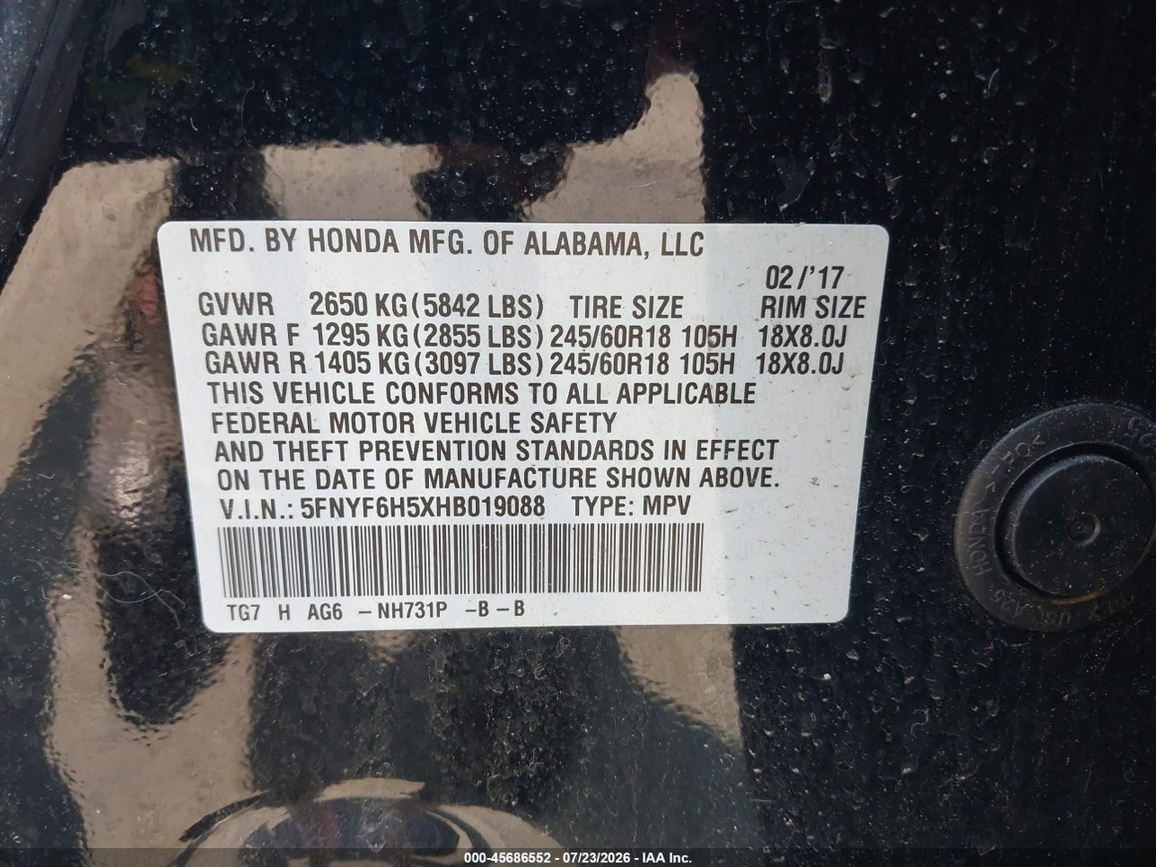 5FNYF6H5XHB****** · 2017 HONDA PILOT EX-L · 9/11