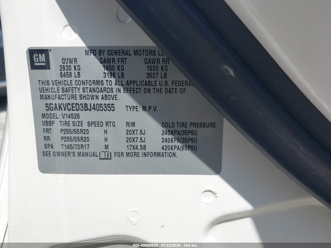 5GAKVCED3BJ****** · 2011 BUICK ENCLAVE 2XL · 9/11