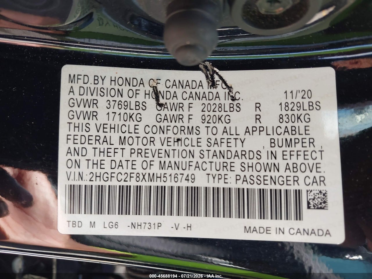 2HGFC2F8XMH****** · 2021 HONDA CIVIC SPORT · 9/11