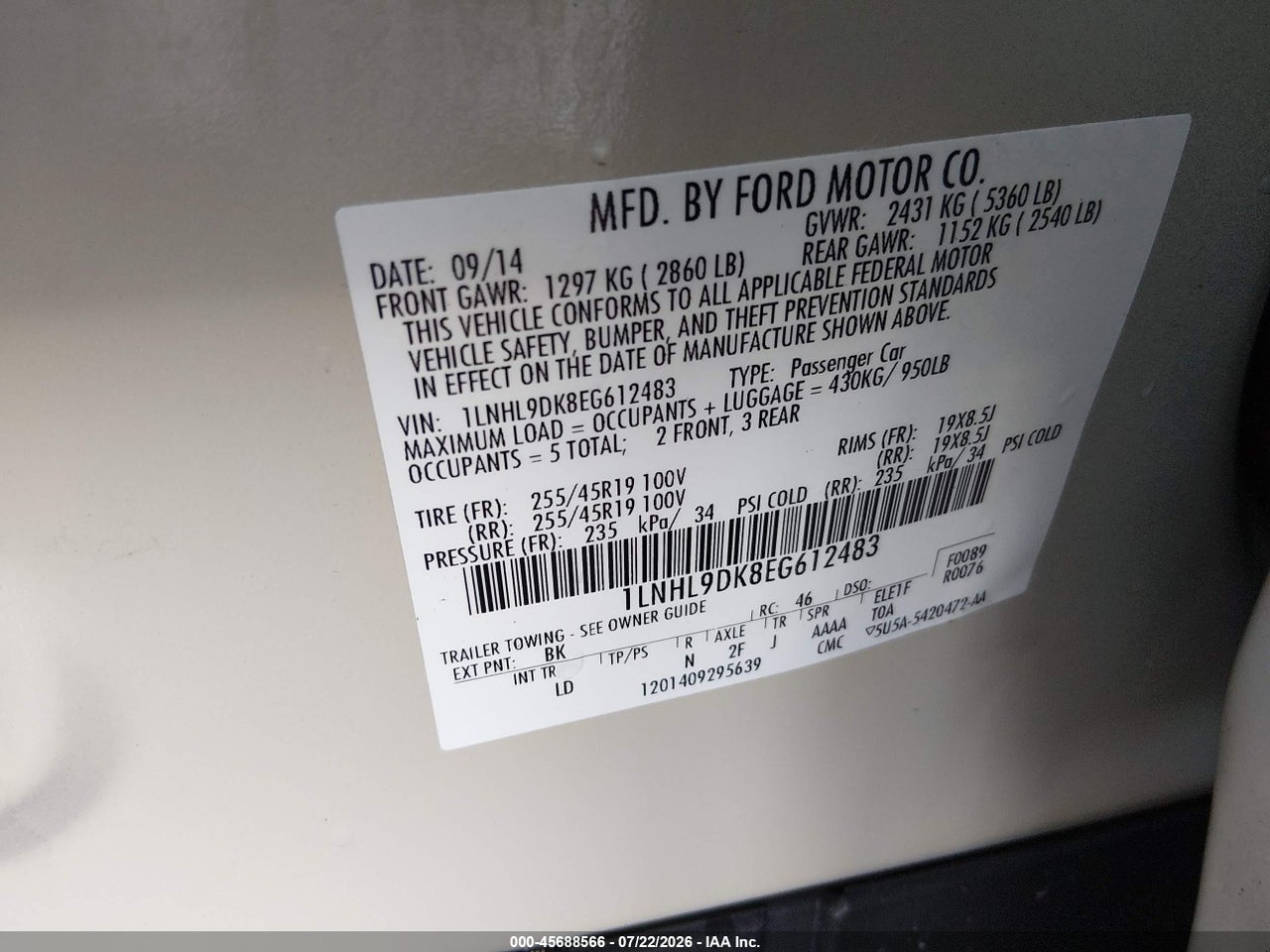 1LNHL9DK8EG****** · 2014 LINCOLN MKS   · 9/11