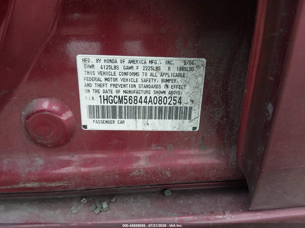 1HGCM56844A****** · 2004 HONDA ACCORD 2.4 EX · 9/11