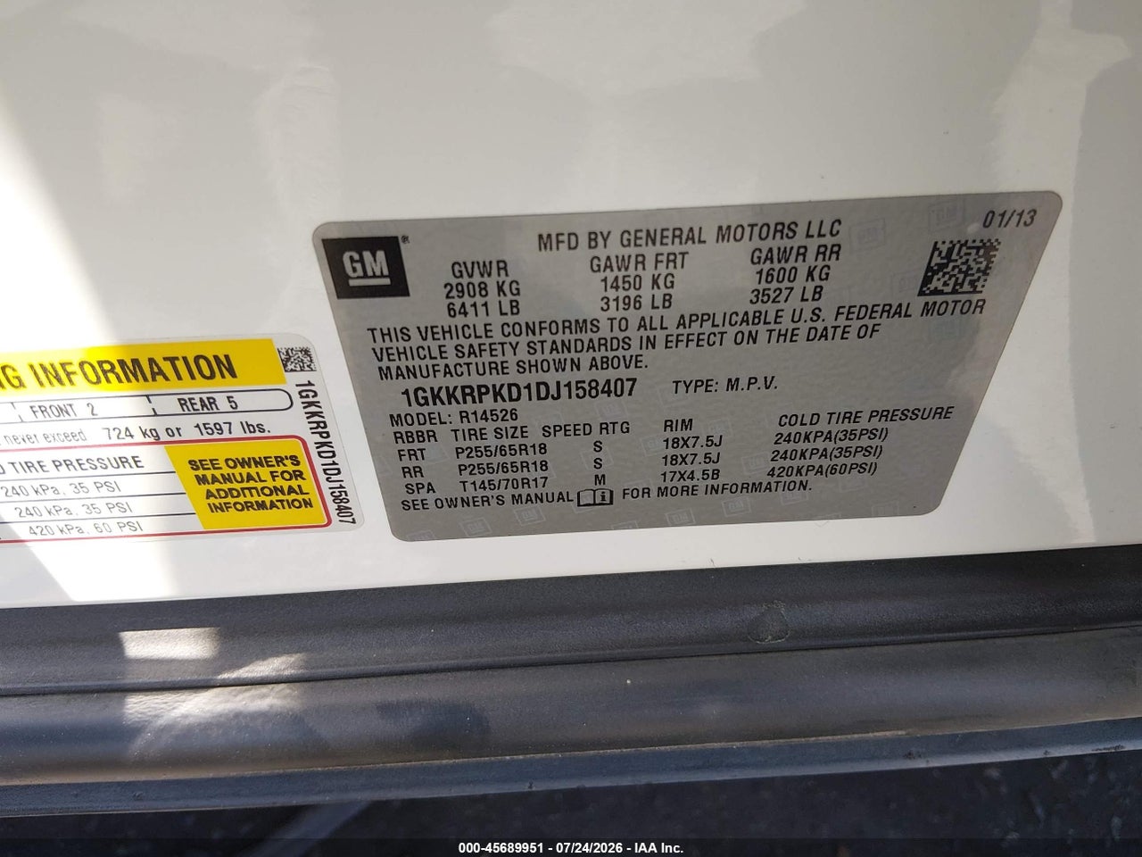 1GKKRPKD1DJ****** · 2013 GMC ACADIA SLE-2 · 9/11