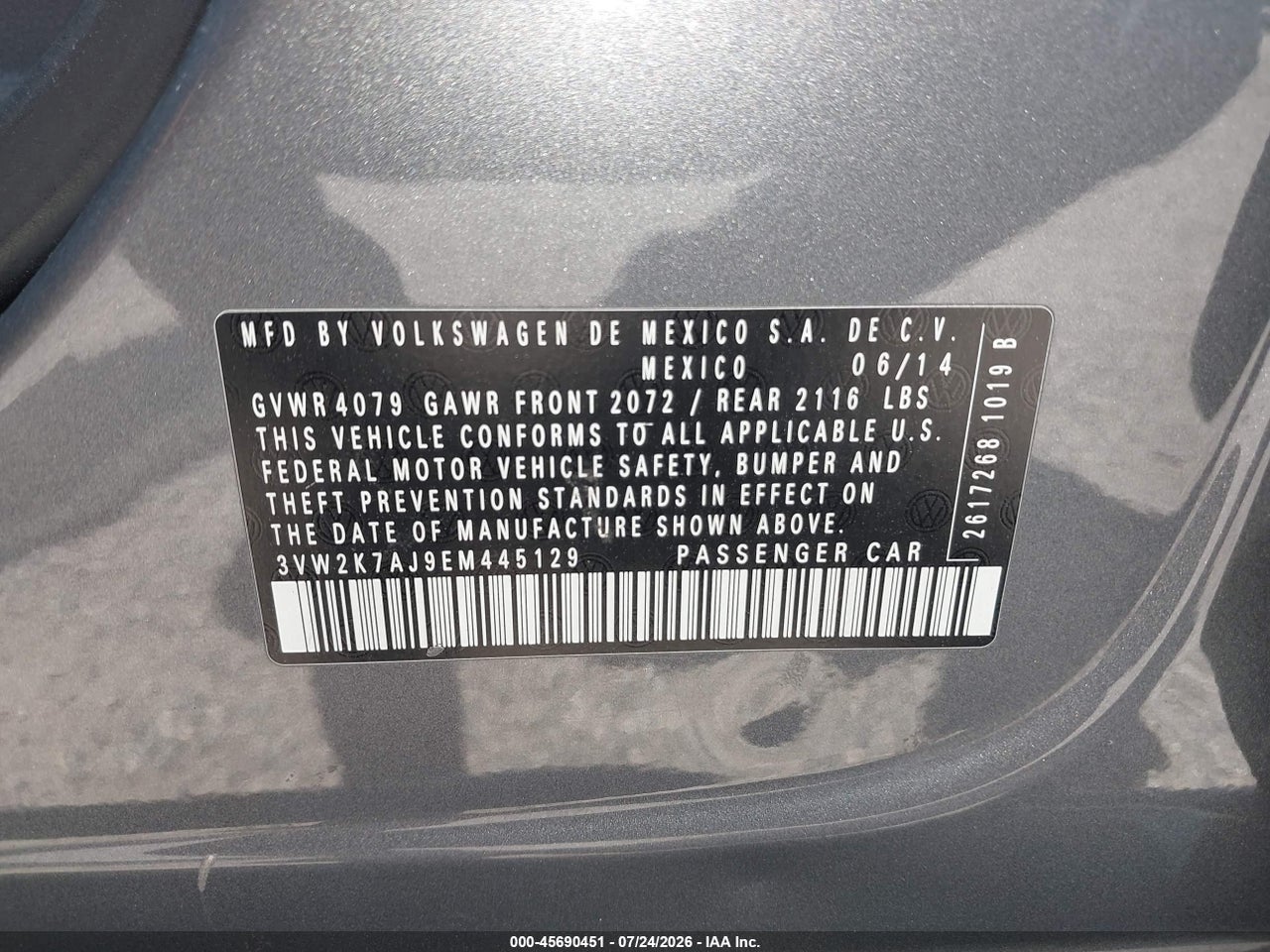 3VW2K7AJ9EM****** · 2014 VOLKSWAGEN JETTA 2.0L S · 9/11
