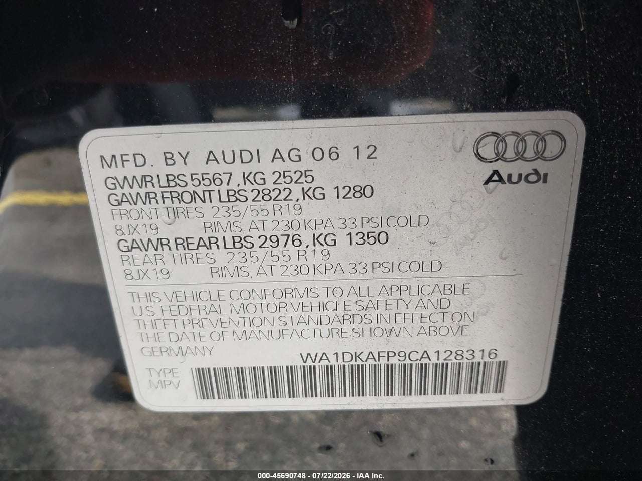 WA1DKAFP9CA****** · 2012 AUDI Q5 3.2 PREMIUM PLUS · 9/11