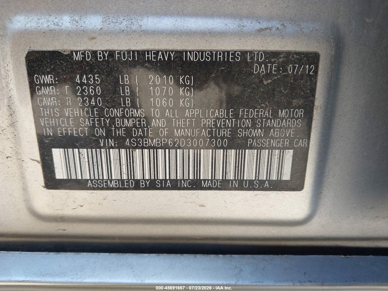 4S3BMBP62D3****** · 2013 SUBARU LEGACY 2.5I LIMITED · 9/11
