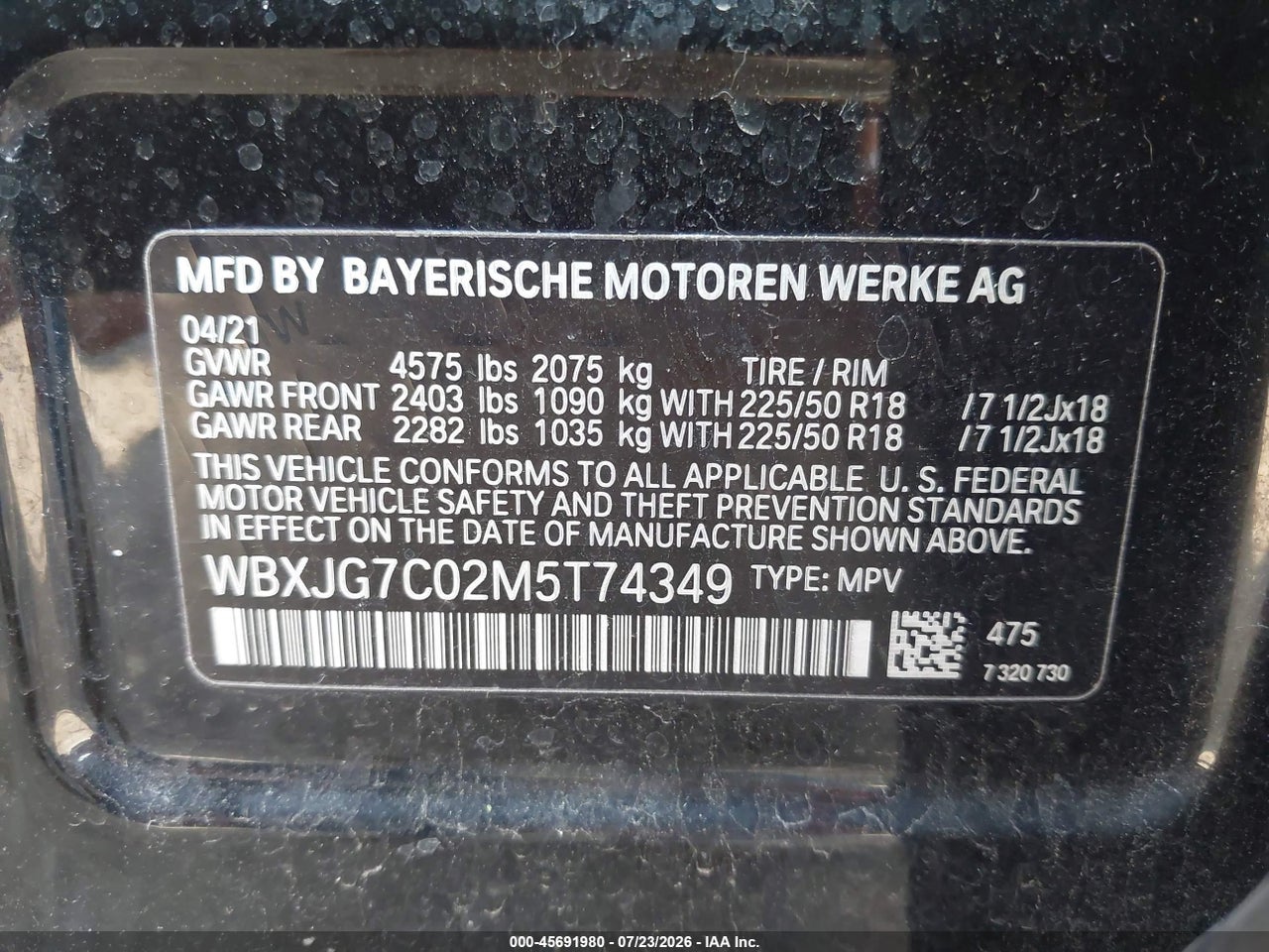WBXJG7C02M5****** · 2021 BMW X1 SDRIVE28I · 9/11