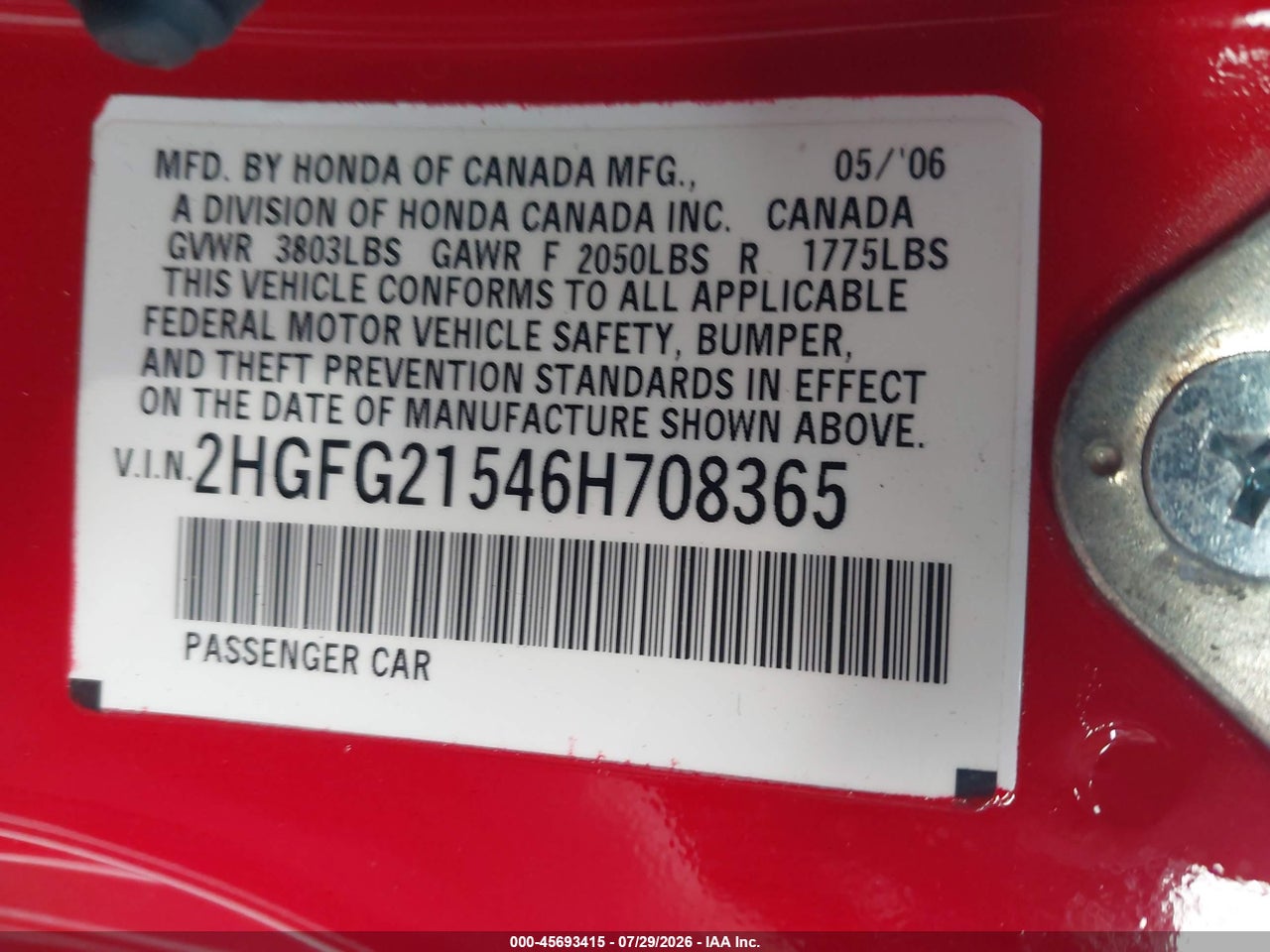 2HGFG21546H****** · 2006 HONDA CIVIC SI · 9/11