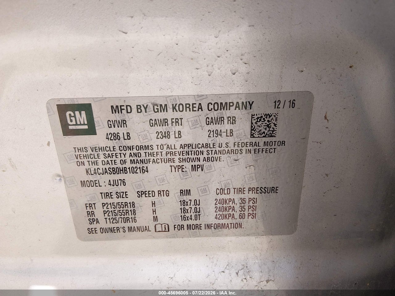 KL4CJASB0HB****** · 2017 BUICK ENCORE PREFERRED · 9/11