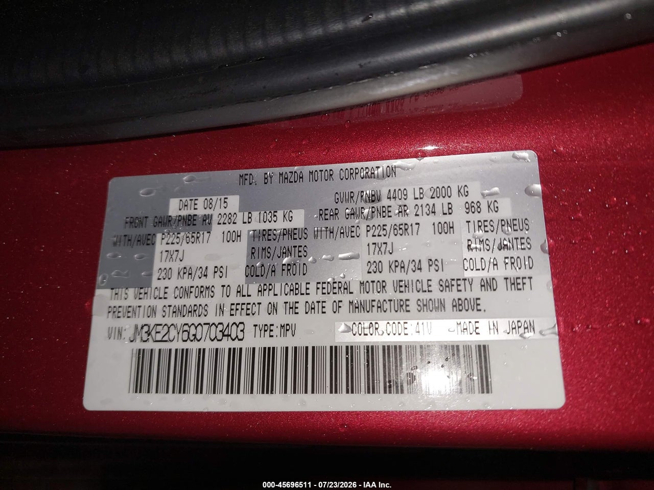JM3KE2CY6G0****** · 2016 MAZDA CX-5 TOURING · 9/11