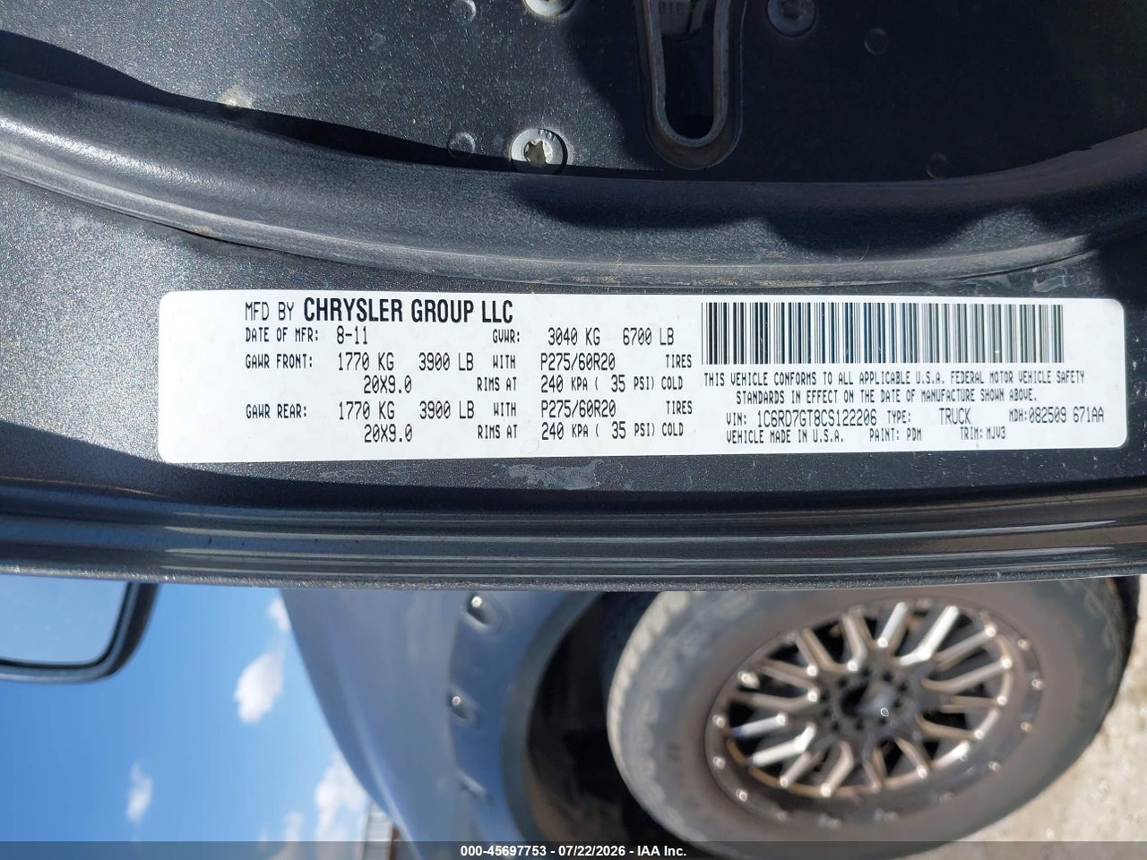 1C6RD7GT8CS****** · 2012 RAM 1500 LONE STAR · 9/11