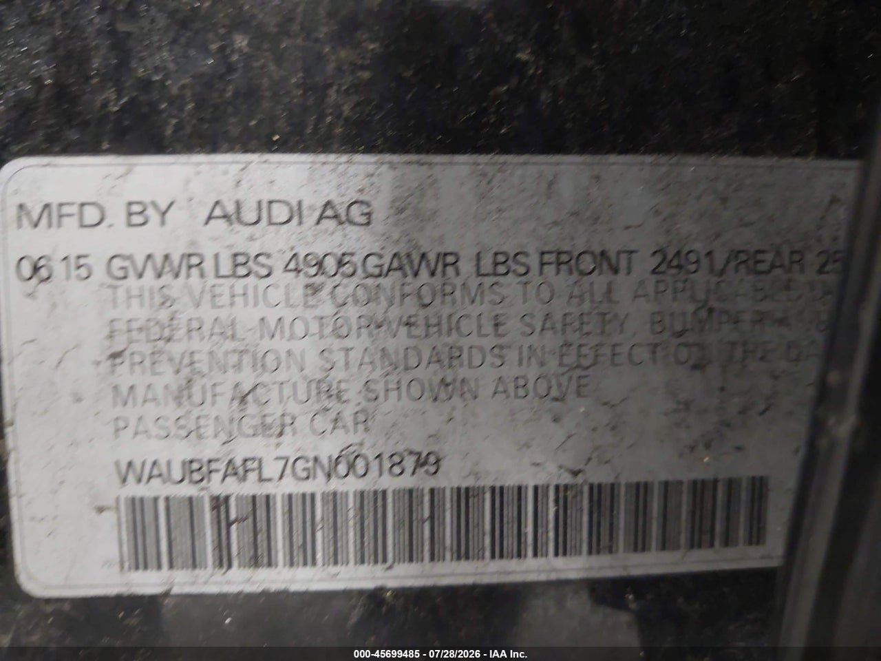 WAUBFAFL7GN****** · 2016 AUDI A4 PREMIUM · 9/11