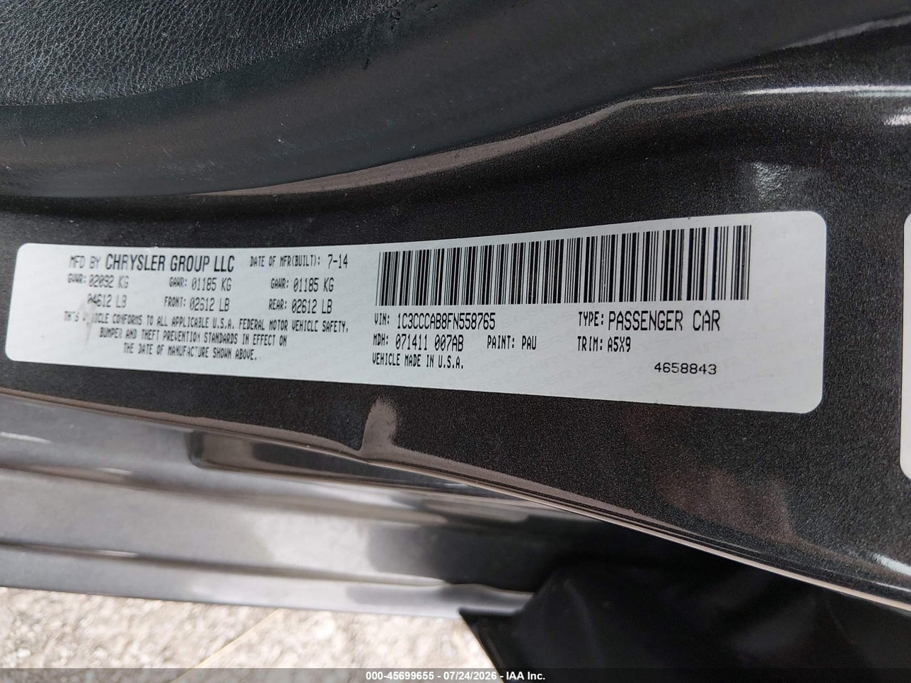 1C3CCCAB8FN****** · 2015 CHRYSLER 200 LIMITED · 9/11