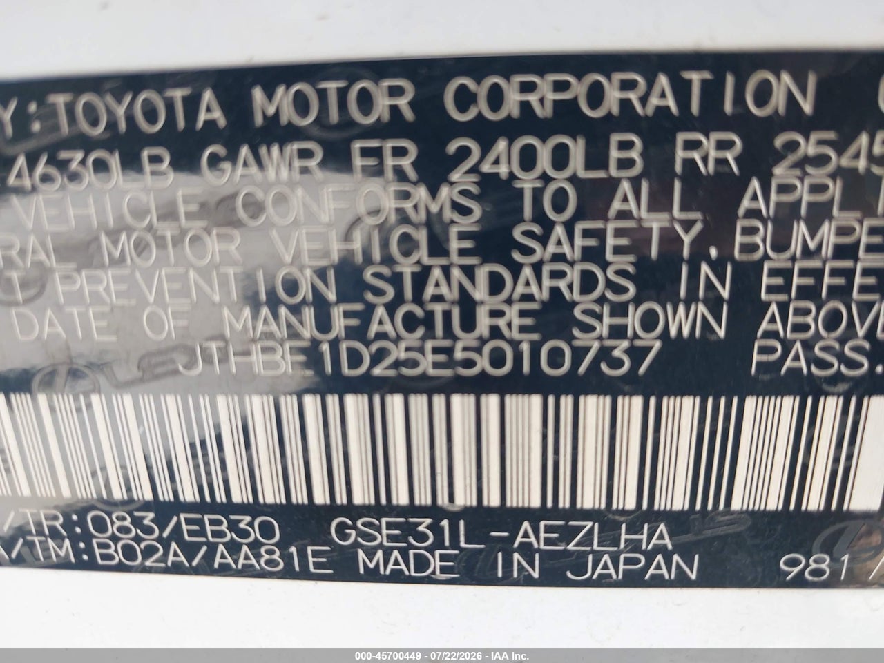 JTHBE1D25E5****** · 2014 LEXUS IS 350   · 9/11
