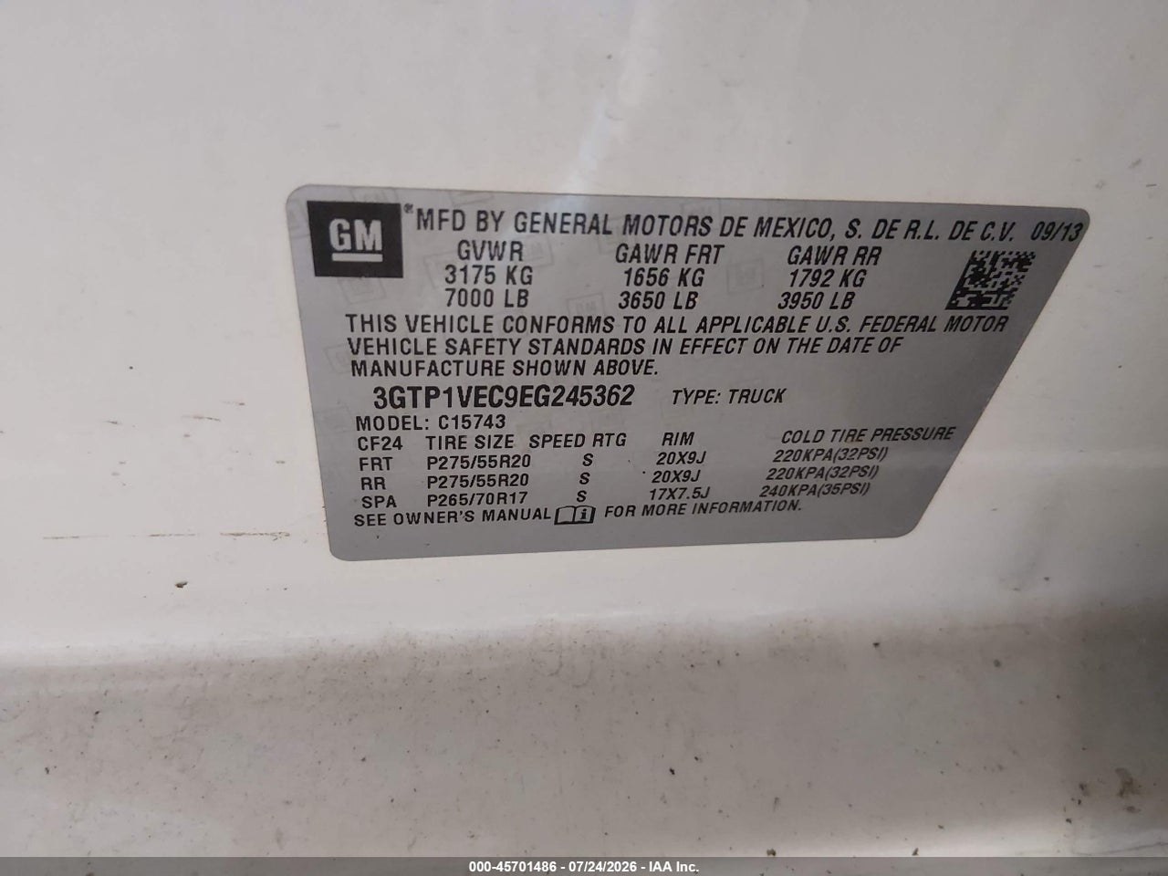 3GTP1VEC9EG****** · 2014 GMC SIERRA 1500 SLT · 9/11