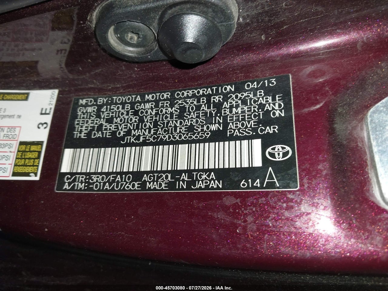 JTKJF5C79D3****** · 2013 SCION TC   · 9/11