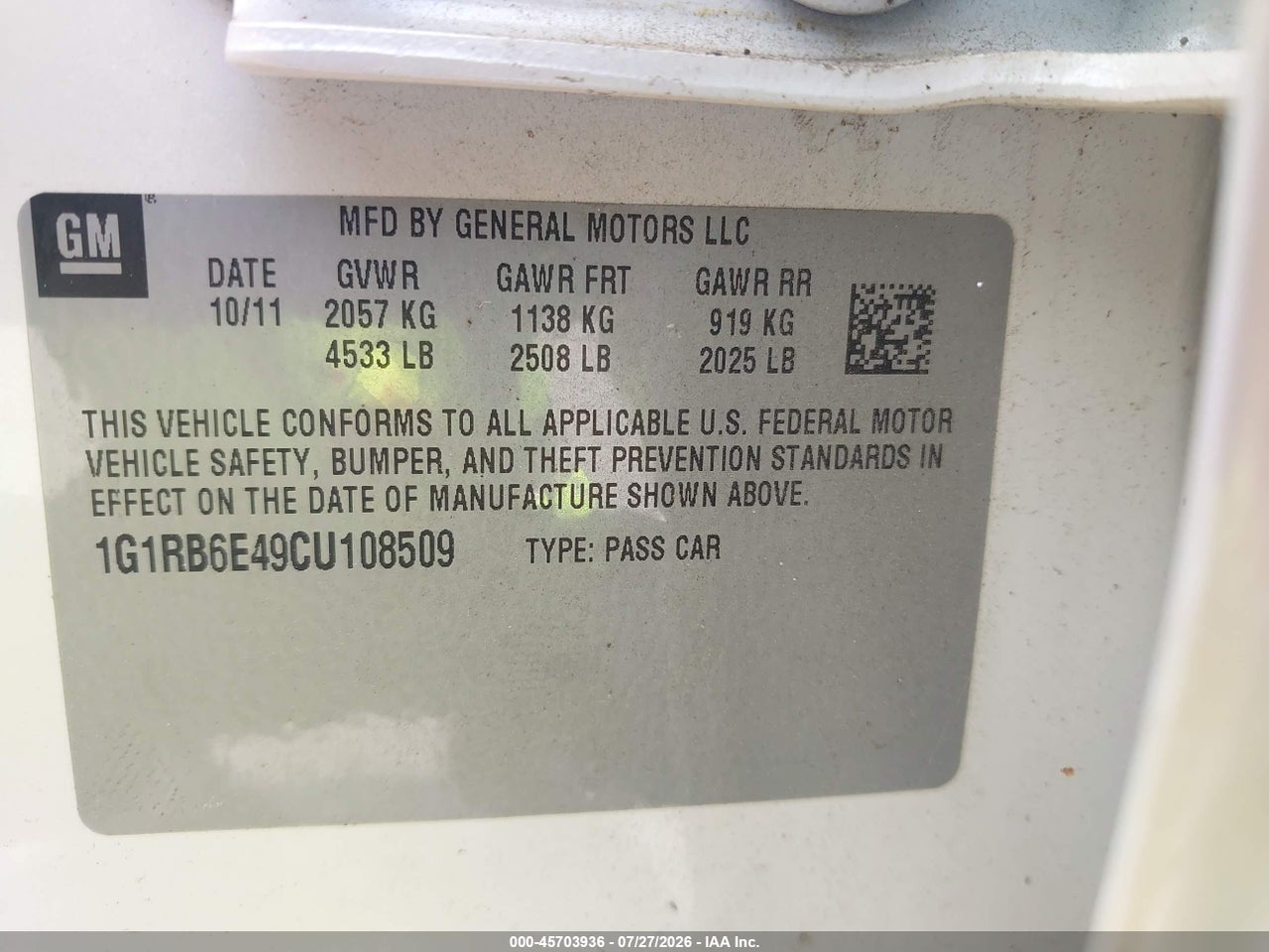 1G1RB6E49CU****** · 2012 CHEVROLET VOLT   · 9/11