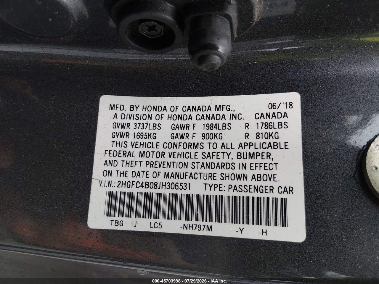 2HGFC4B08JH****** · 2018 HONDA CIVIC LX-P · 9/11