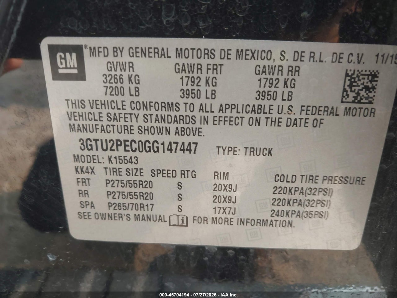 3GTU2PEC0GG****** · 2016 GMC SIERRA 1500 DENALI · 9/11