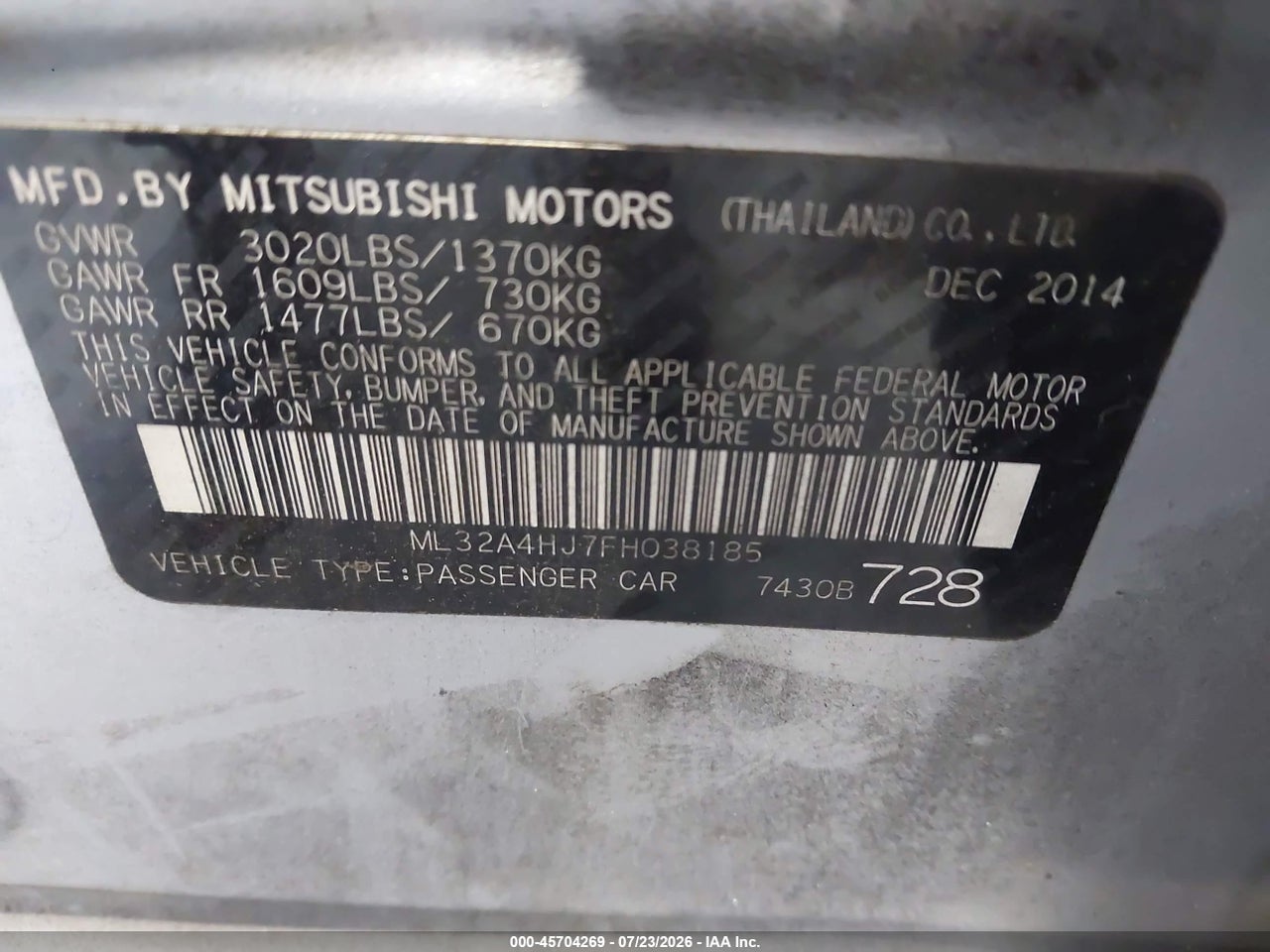 ML32A4HJ7FH****** · 2015 MITSUBISHI MIRAGE ES · 9/11