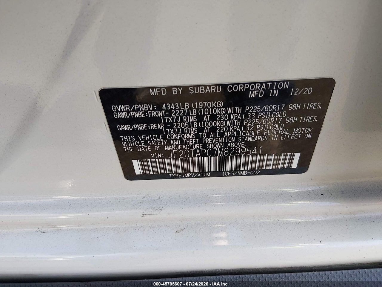 JF2GTAPC7M8****** · 2021 SUBARU CROSSTREK PREMIUM · 9/11