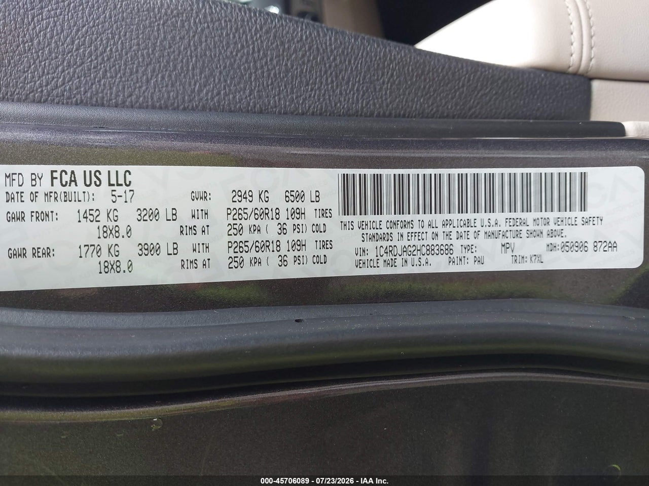 1C4RDJAG2HC****** · 2017 DODGE DURANGO SXT AWD · 9/11