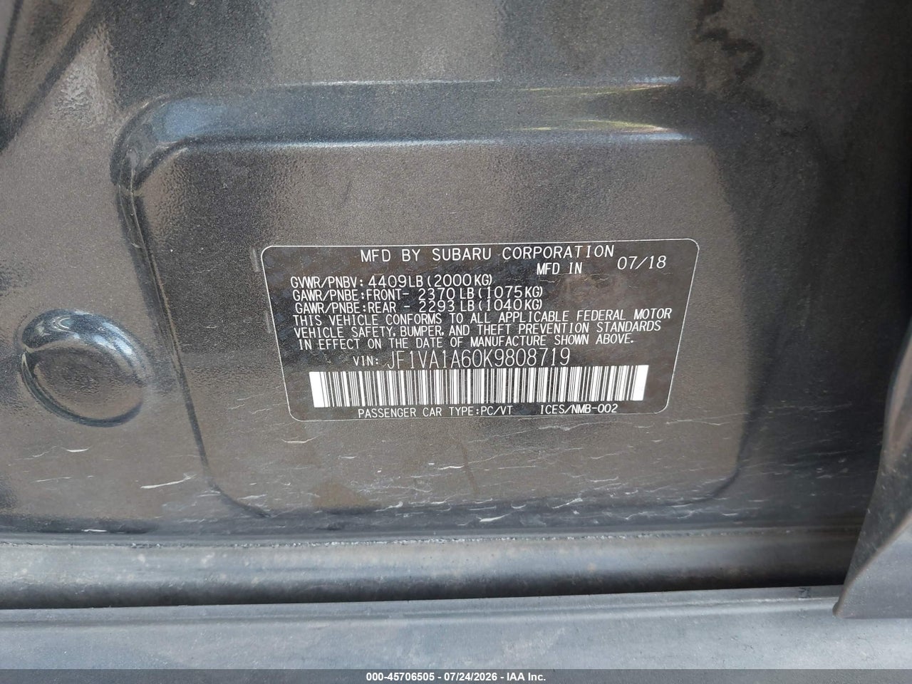 JF1VA1A60K9****** · 2019 SUBARU WRX   · 9/11