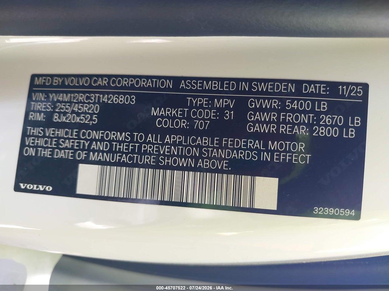 YV4M12RC3T1****** · 2026 VOLVO XC60 B5 PLUS · 9/11