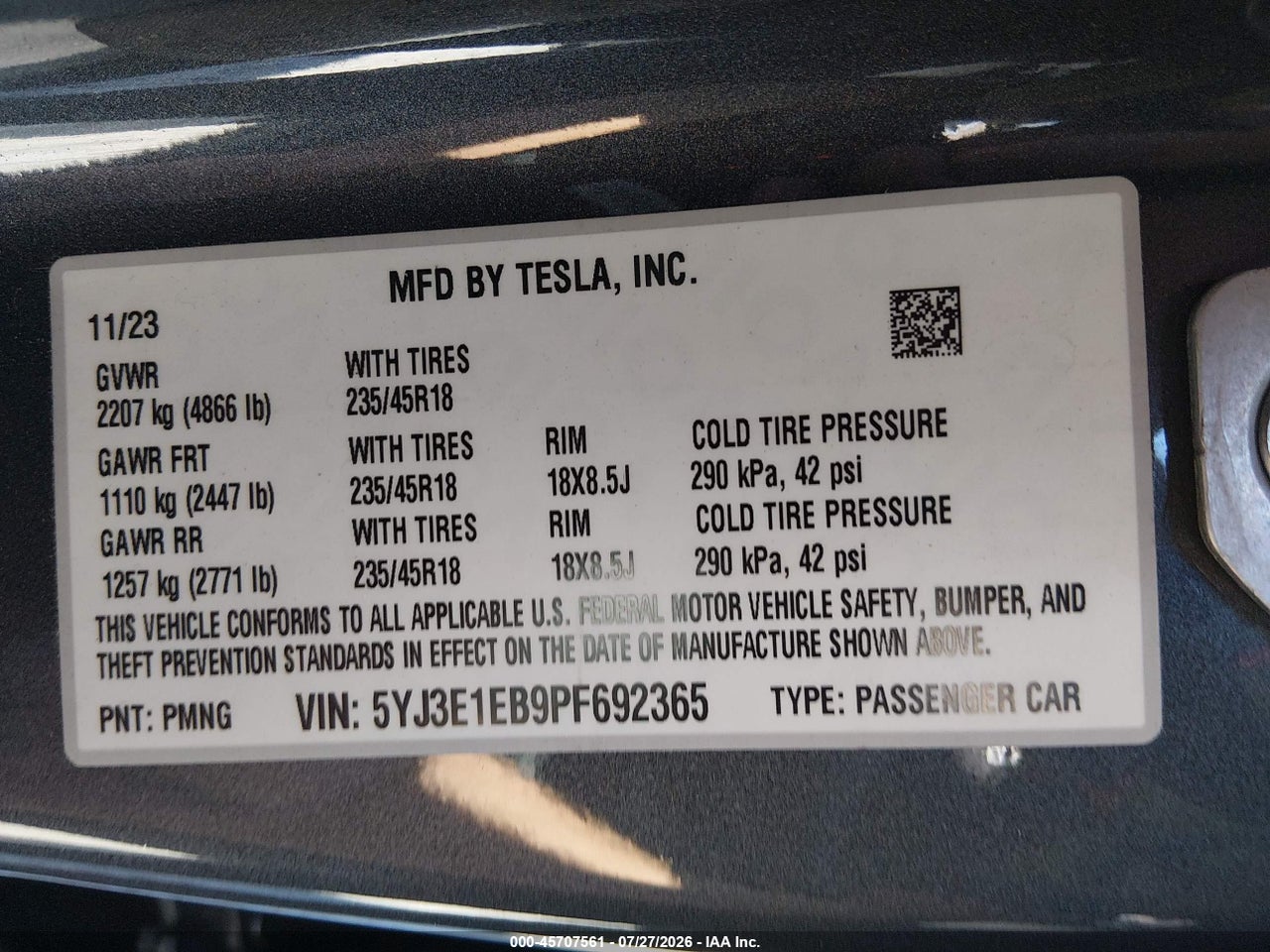 5YJ3E1EB9PF****** · 2023 TESLA MODEL 3 LONG RANGE DUAL MOTOR ALL-WHEEL DRIVE · 9/11