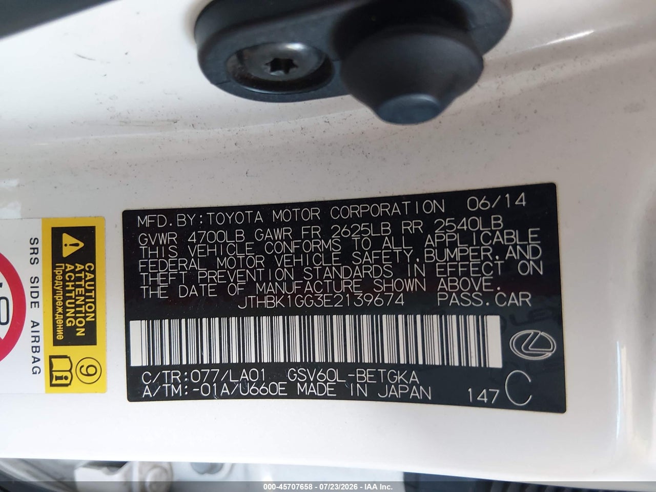 JTHBK1GG3E2****** · 2014 LEXUS ES 350 · 9/11