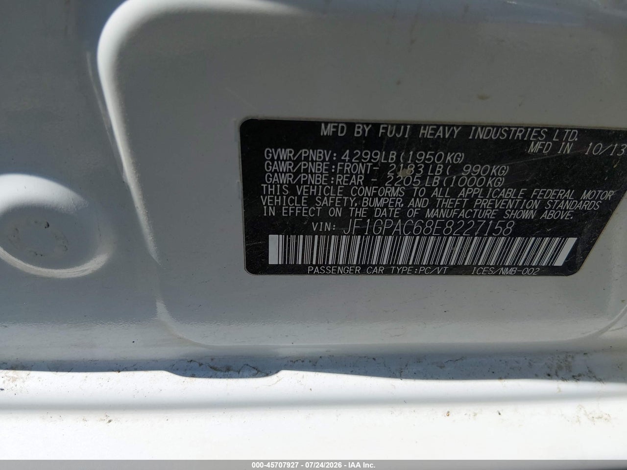 JF1GPAC68E8****** · 2014 SUBARU IMPREZA 2.0I PREMIUM · 9/11