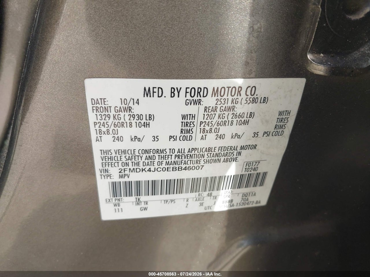 2FMDK4JC0EB****** · 2014 FORD EDGE SEL · 9/11