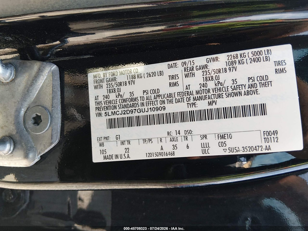 5LMCJ2D97GU****** · 2016 LINCOLN MKC SELECT · 9/11
