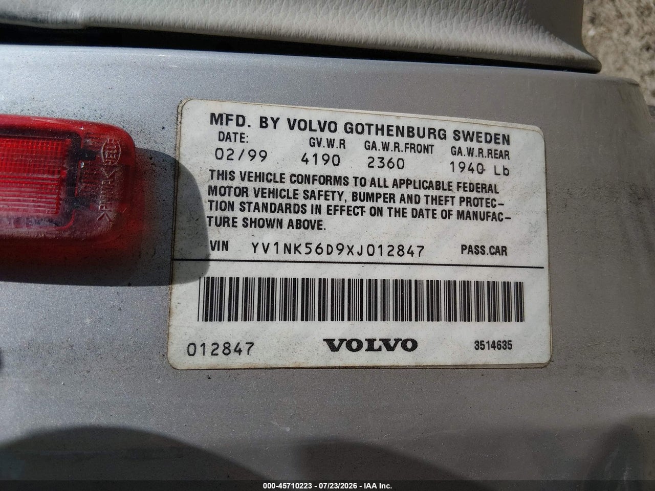 YV1NK56D9XJ****** · 1999 VOLVO C70 LT · 9/11
