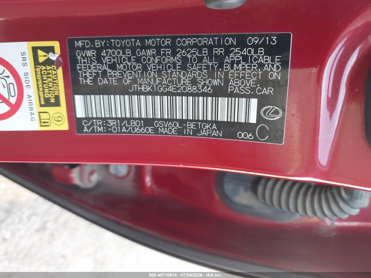 JTHBK1GG4E2****** · 2014 LEXUS ES 350 · 9/11