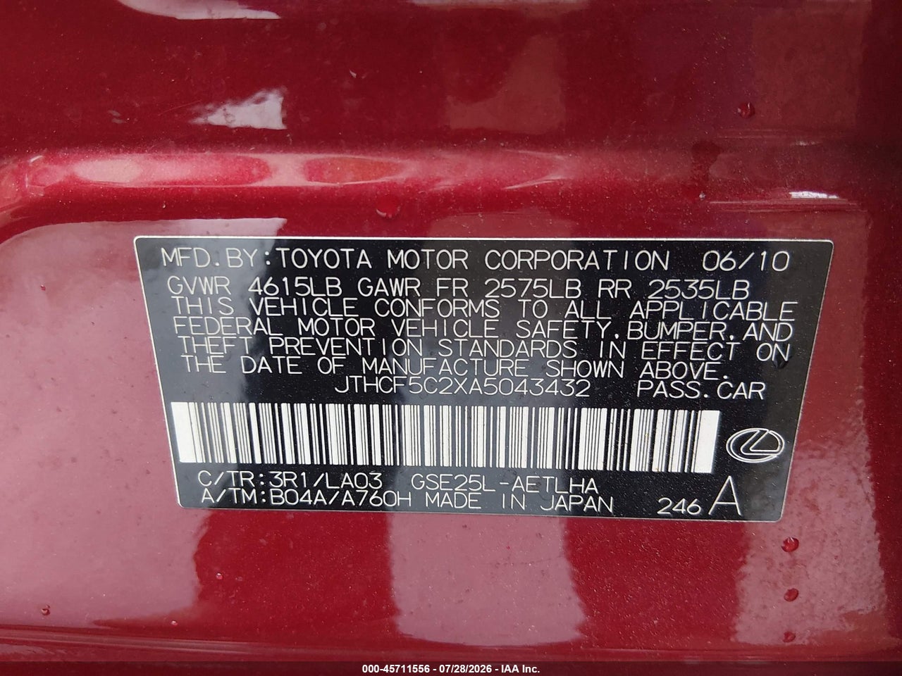 JTHCF5C2XA5****** · 2010 LEXUS IS 250   · 9/11