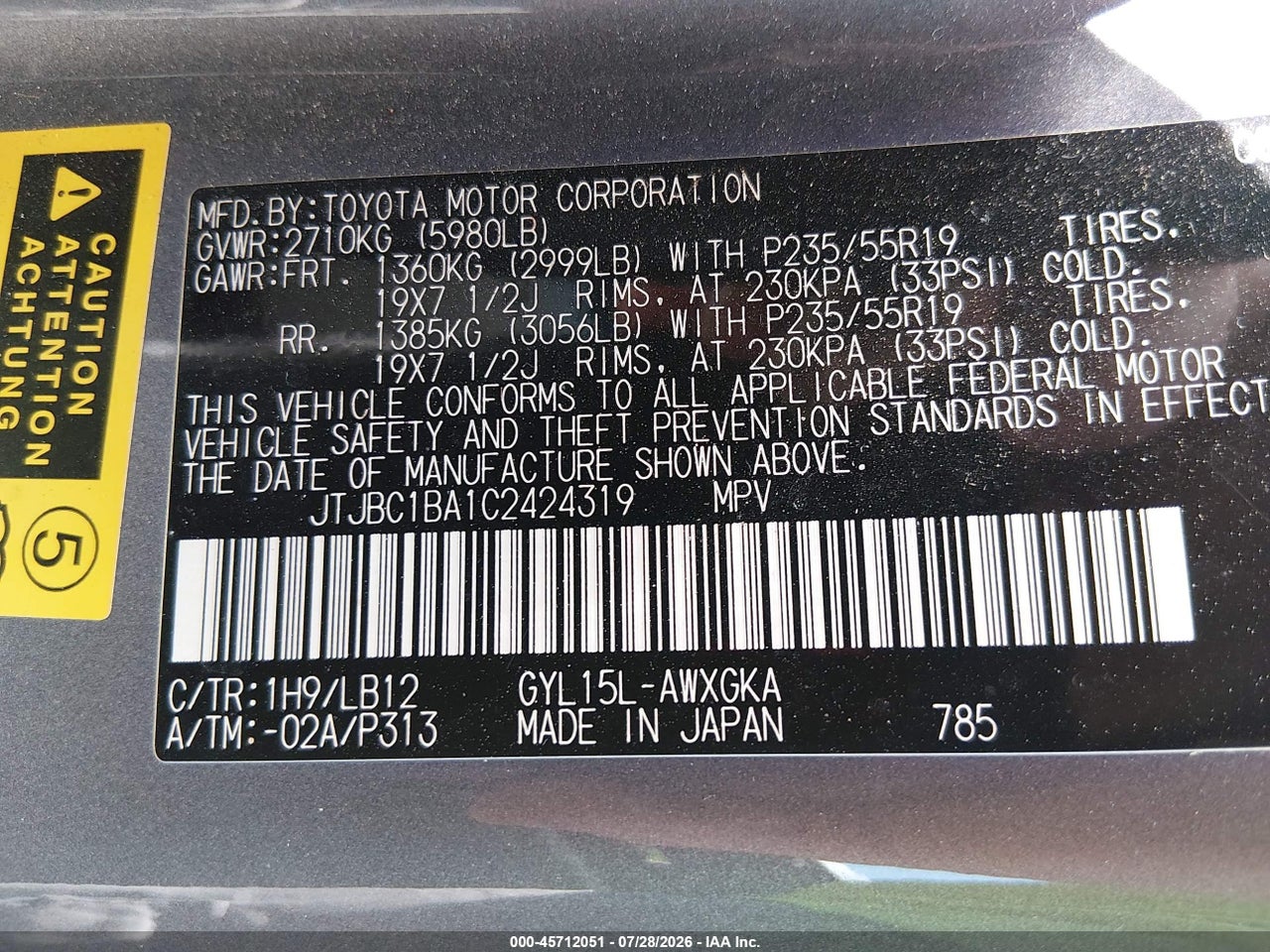 JTJBC1BA1C2****** · 2012 LEXUS RX 450H   · 9/11