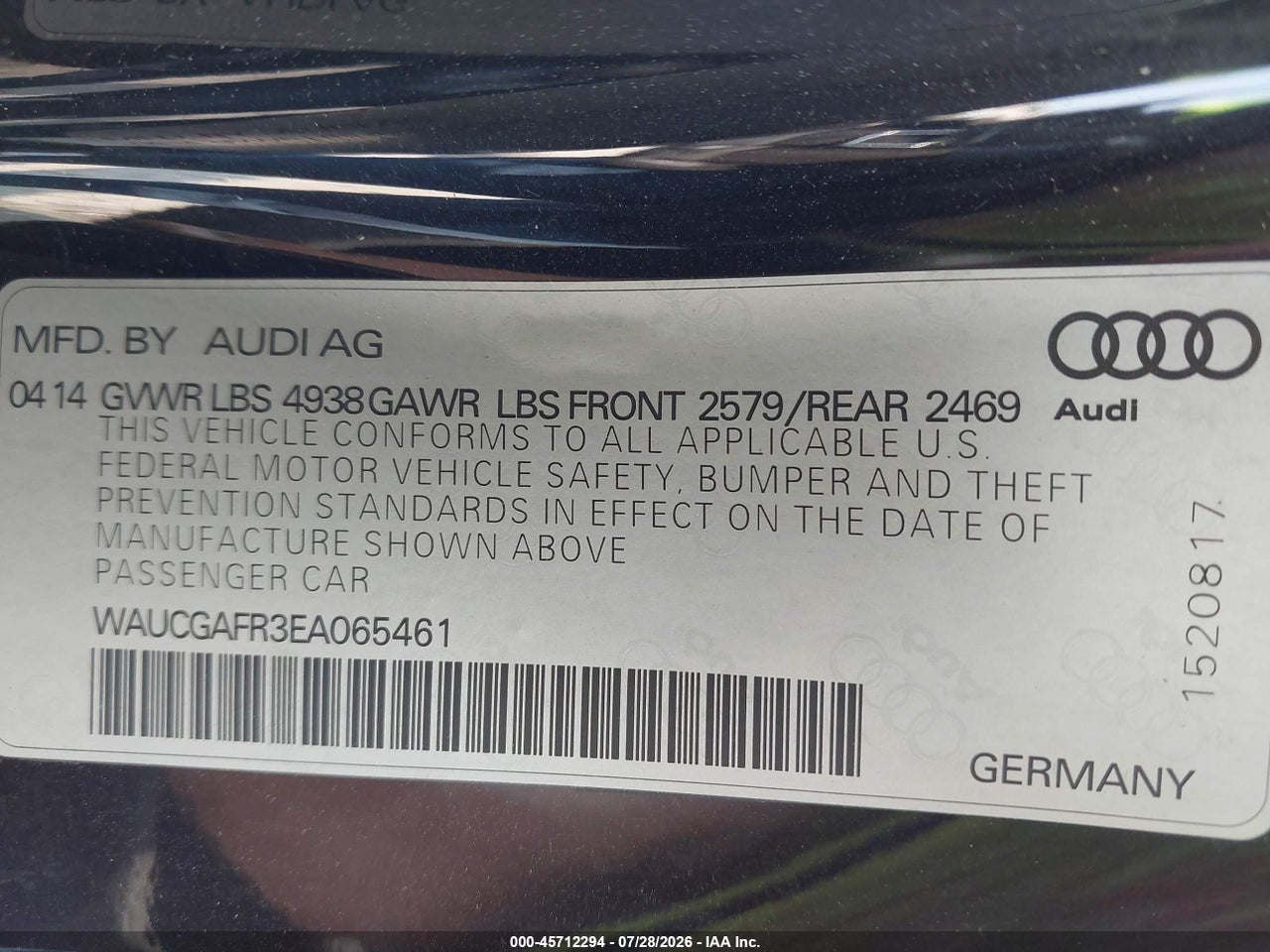 WAUCGAFR3EA****** · 2014 AUDI S5 3.0T PREMIUM PLUS · 9/11