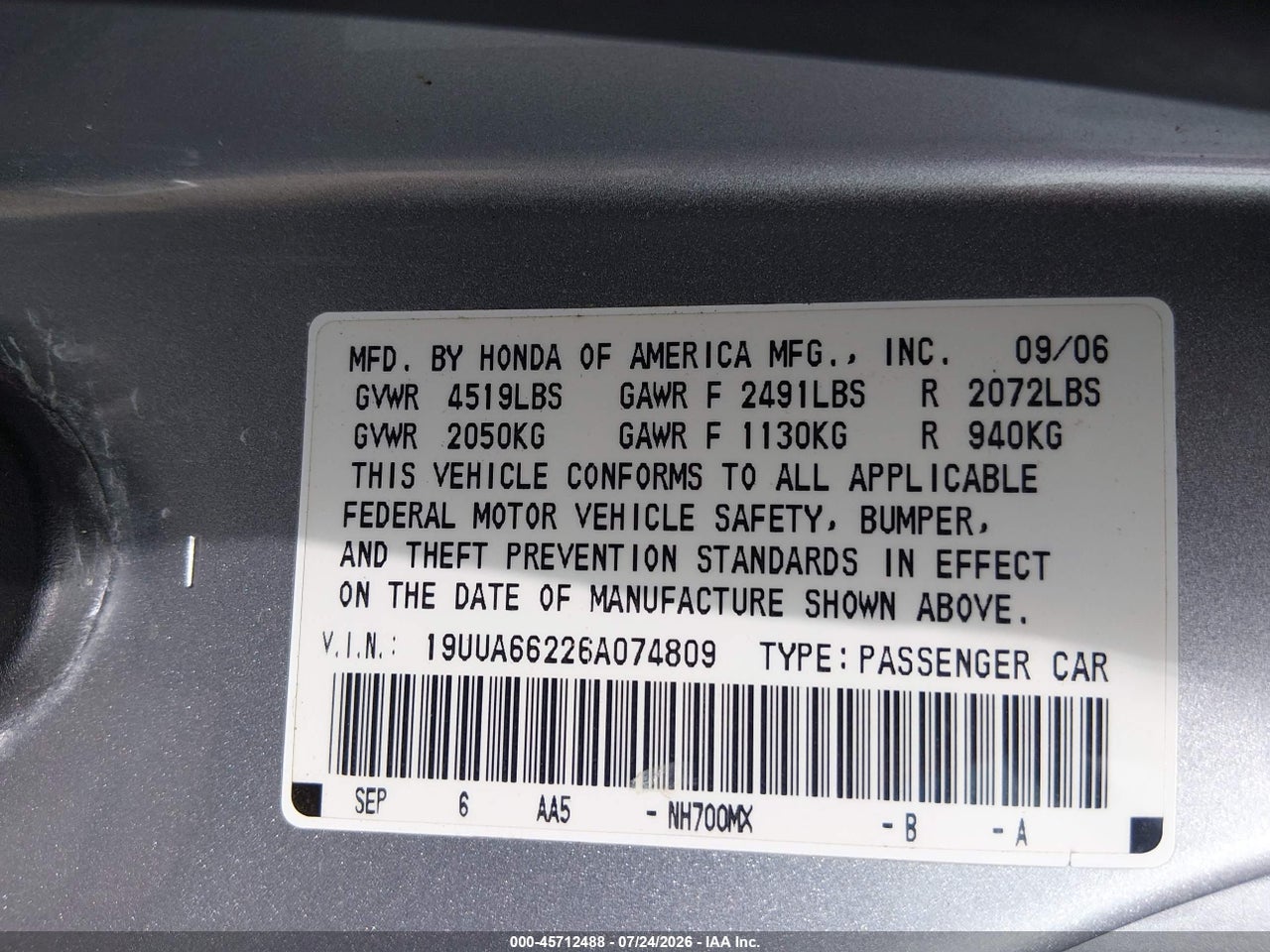 19UUA66226A****** · 2006 ACURA TL   · 9/11