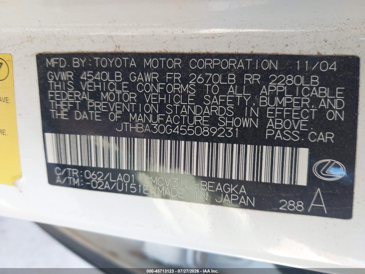 JTHBA30G455****** · 2005 LEXUS ES 330   · 9/11