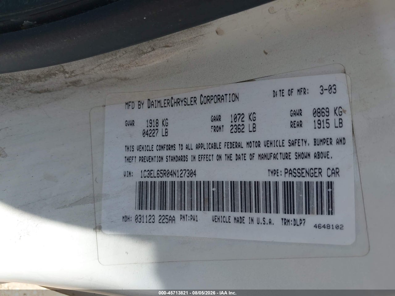 1C3EL65R04N****** · 2004 CHRYSLER SEBRING LIMITED · 9/11