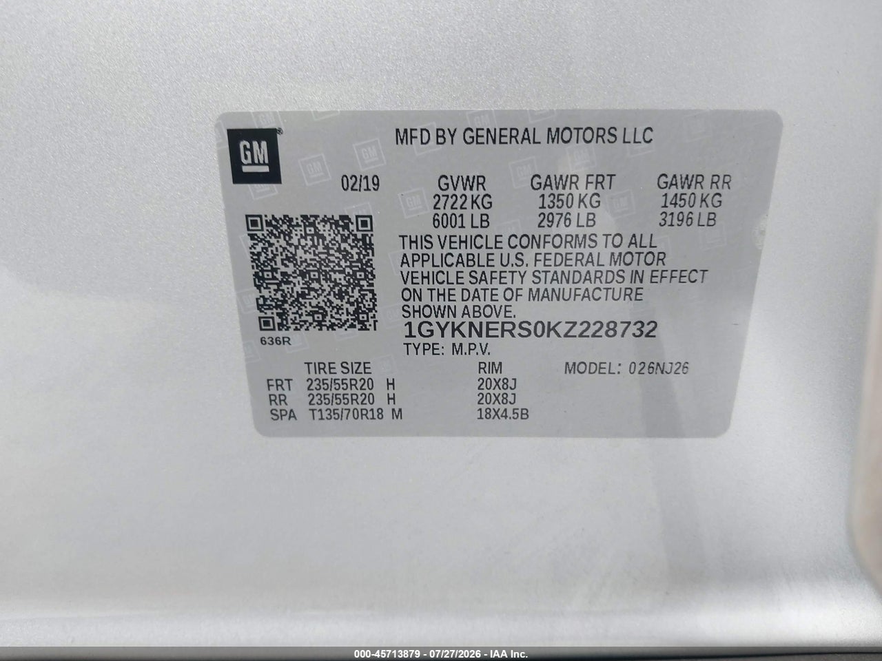 1GYKNERS0KZ****** · 2019 CADILLAC XT5 PREMIUM LUXURY · 9/11