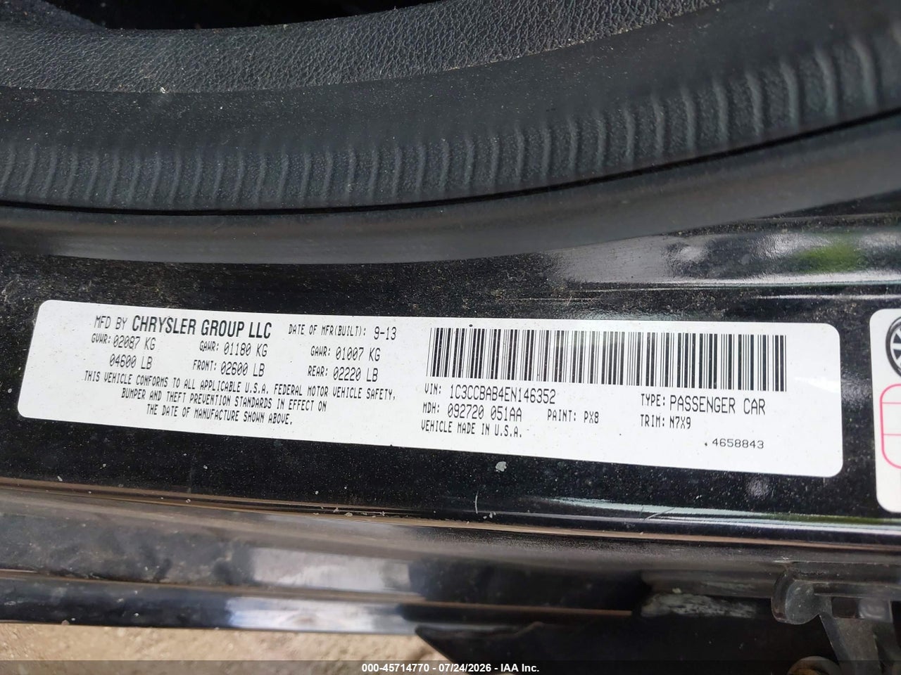 1C3CCBAB4EN****** · 2014 CHRYSLER 200 LX · 9/11