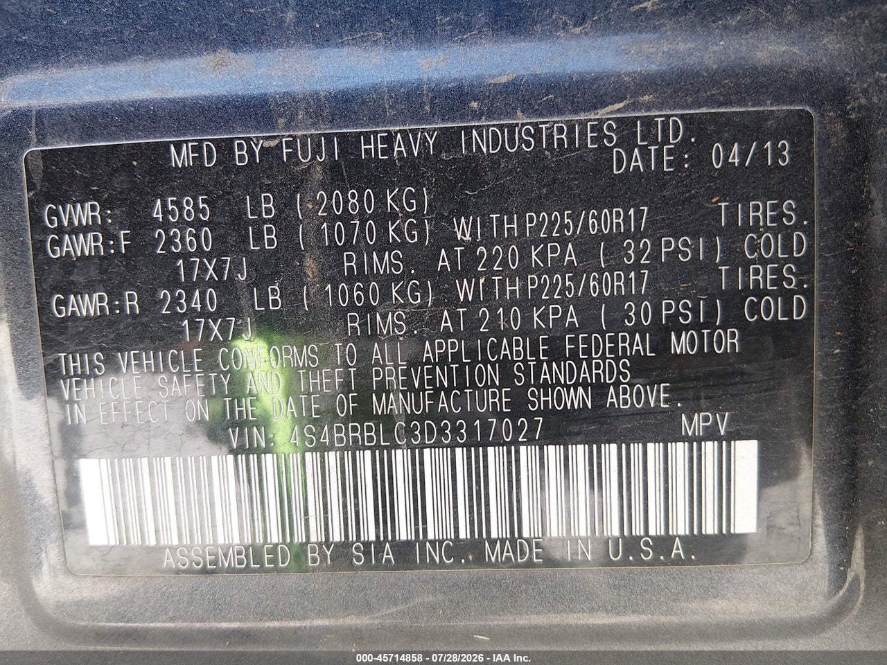 4S4BRBLC3D3****** · 2013 SUBARU OUTBACK 2.5I LIMITED · 9/11